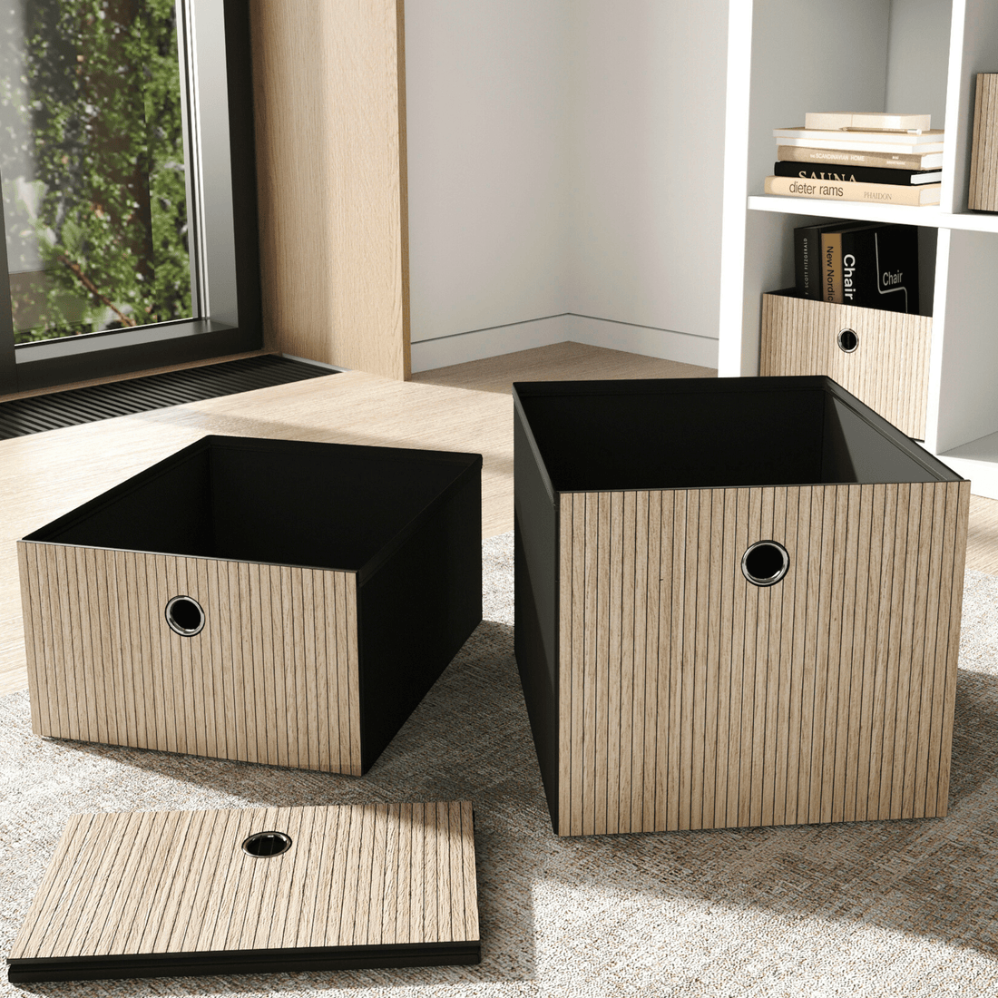 Detailed close-up of a textured wooden storage bin front with a functional pull-out handle for seamless IKEA Kallax integration.