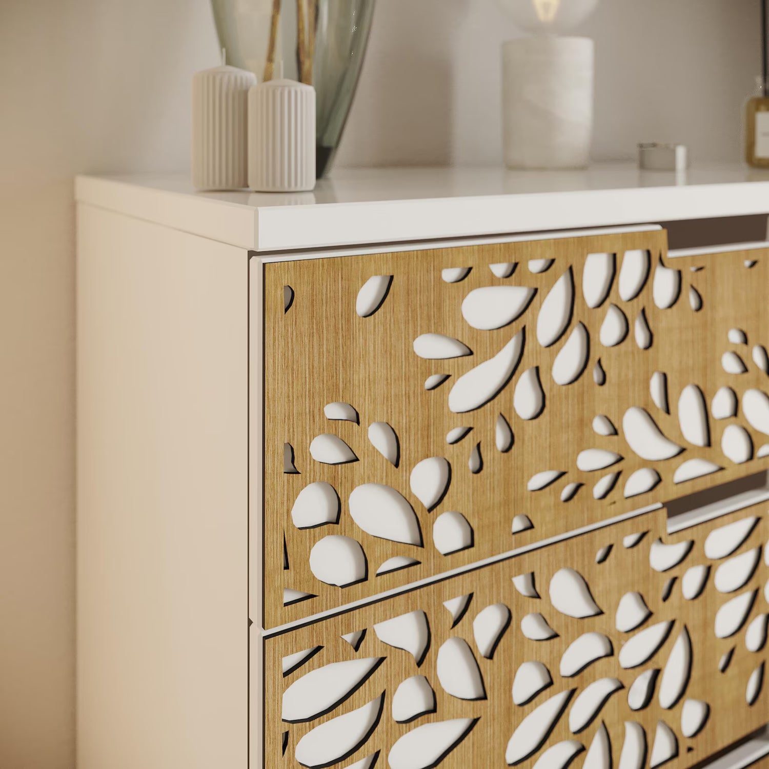 Ikea cabinet with decorative cut-out design on a neutral background form ikea nordli
