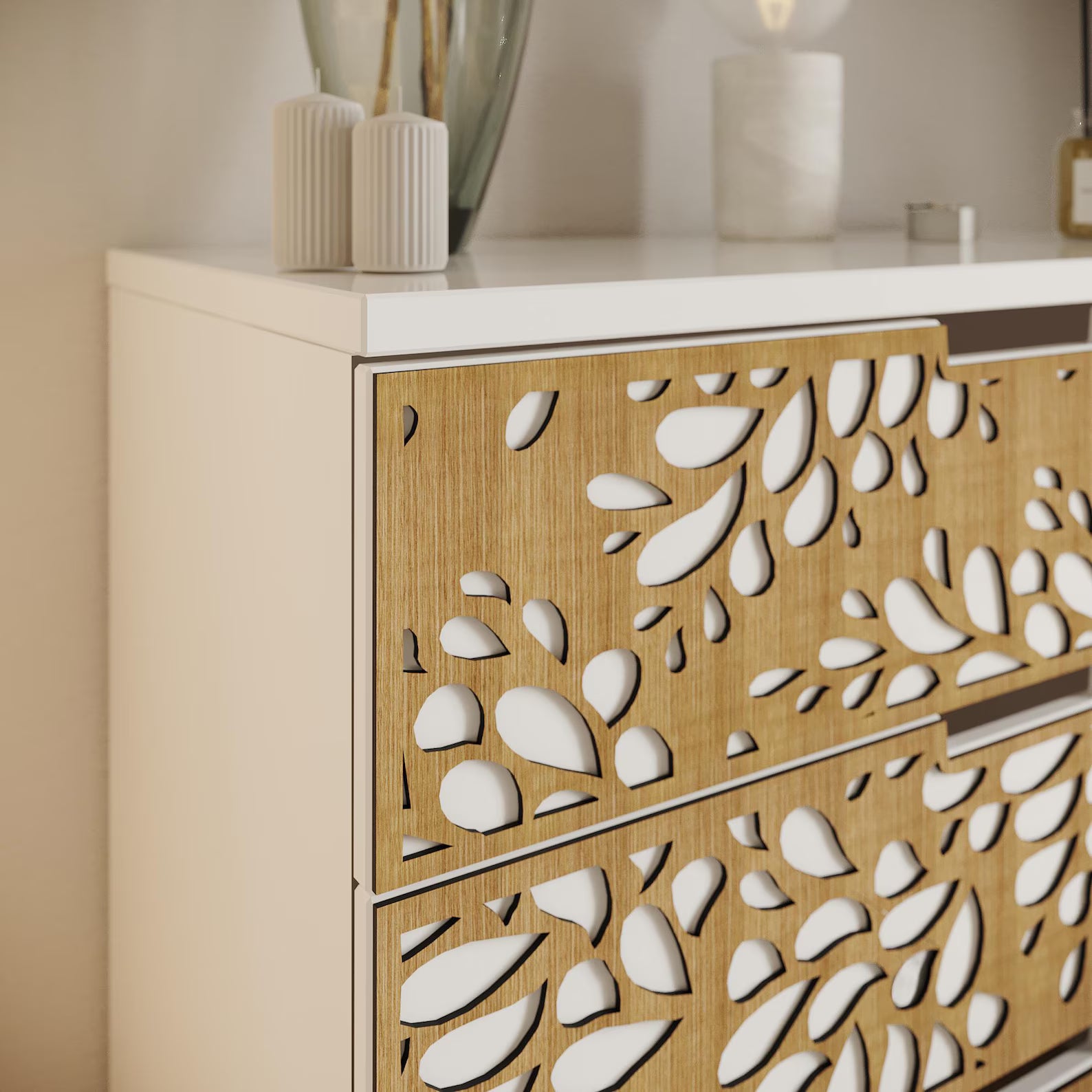 Ikea cabinet with decorative cut-out design on a neutral background form ikea nordli