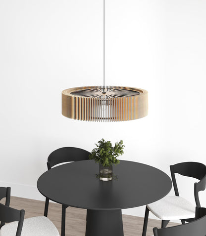 Round Wooden Pendant Light – Modern Slatted Ceiling Chandelier