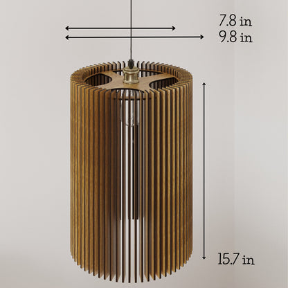 Narrow wooden pendant lights made of slats