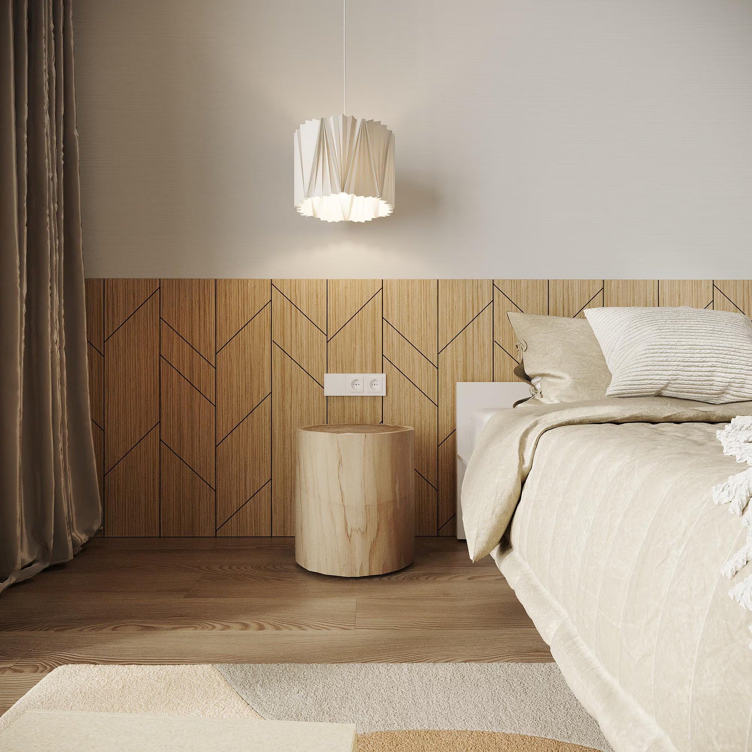 Upscale room renovation utilizing a premium set of large timber slats to elevate the back wall.