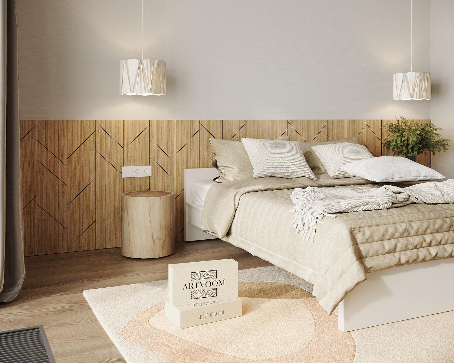 Architectural wood cladding elements creating a bold textured backdrop in a minimalist interior.