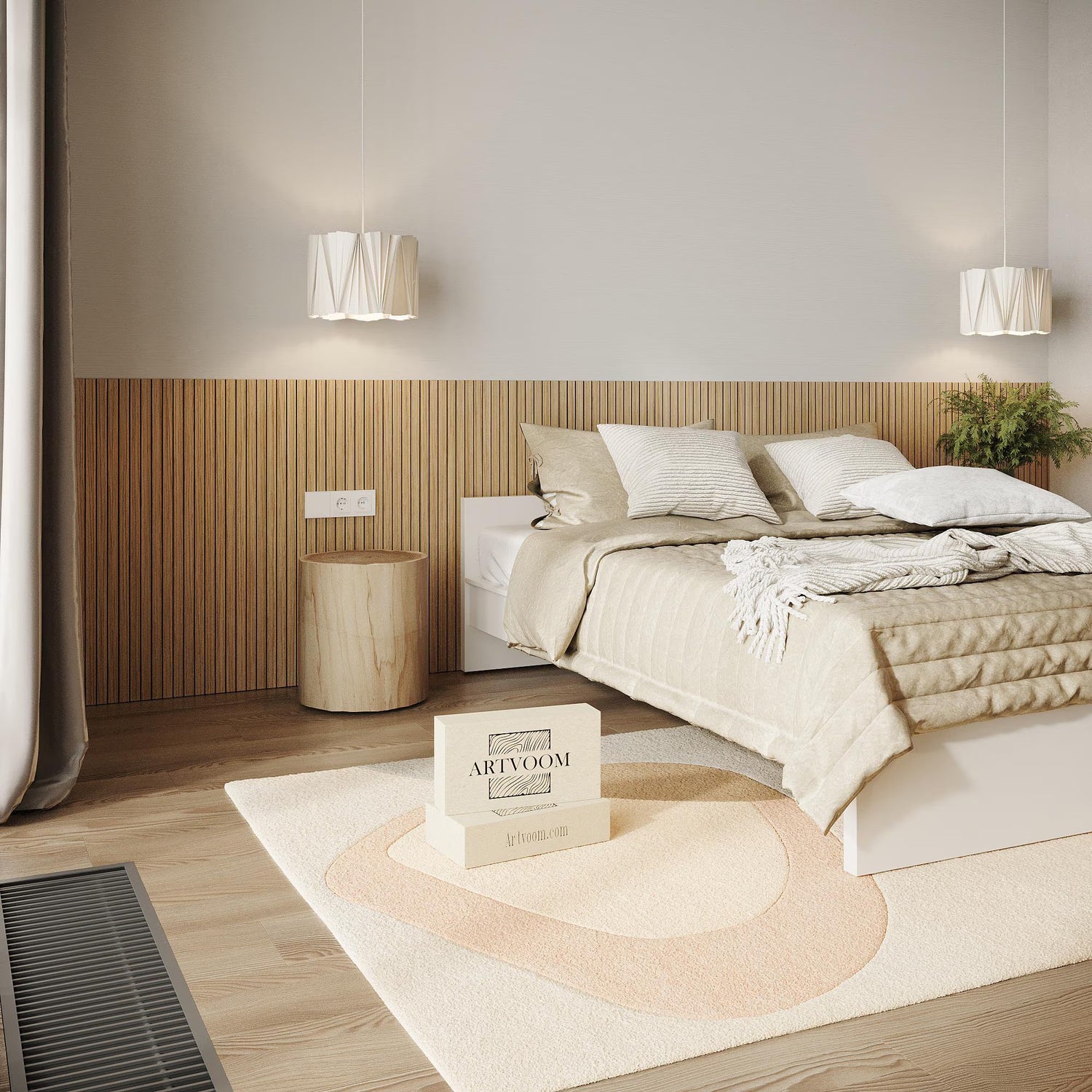 Bespoke statement wall design featuring wide vertical wood panelling for a seamless luxury finish.