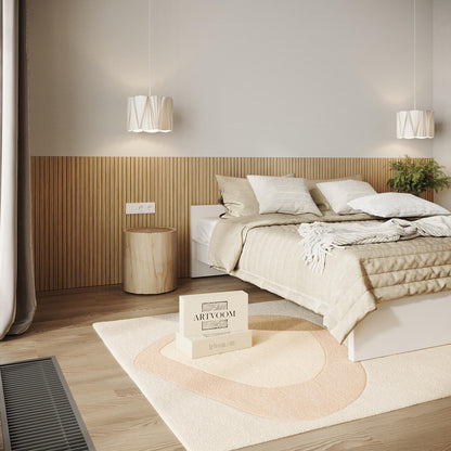 Bespoke statement wall design featuring wide vertical wood panelling for a seamless luxury finish.