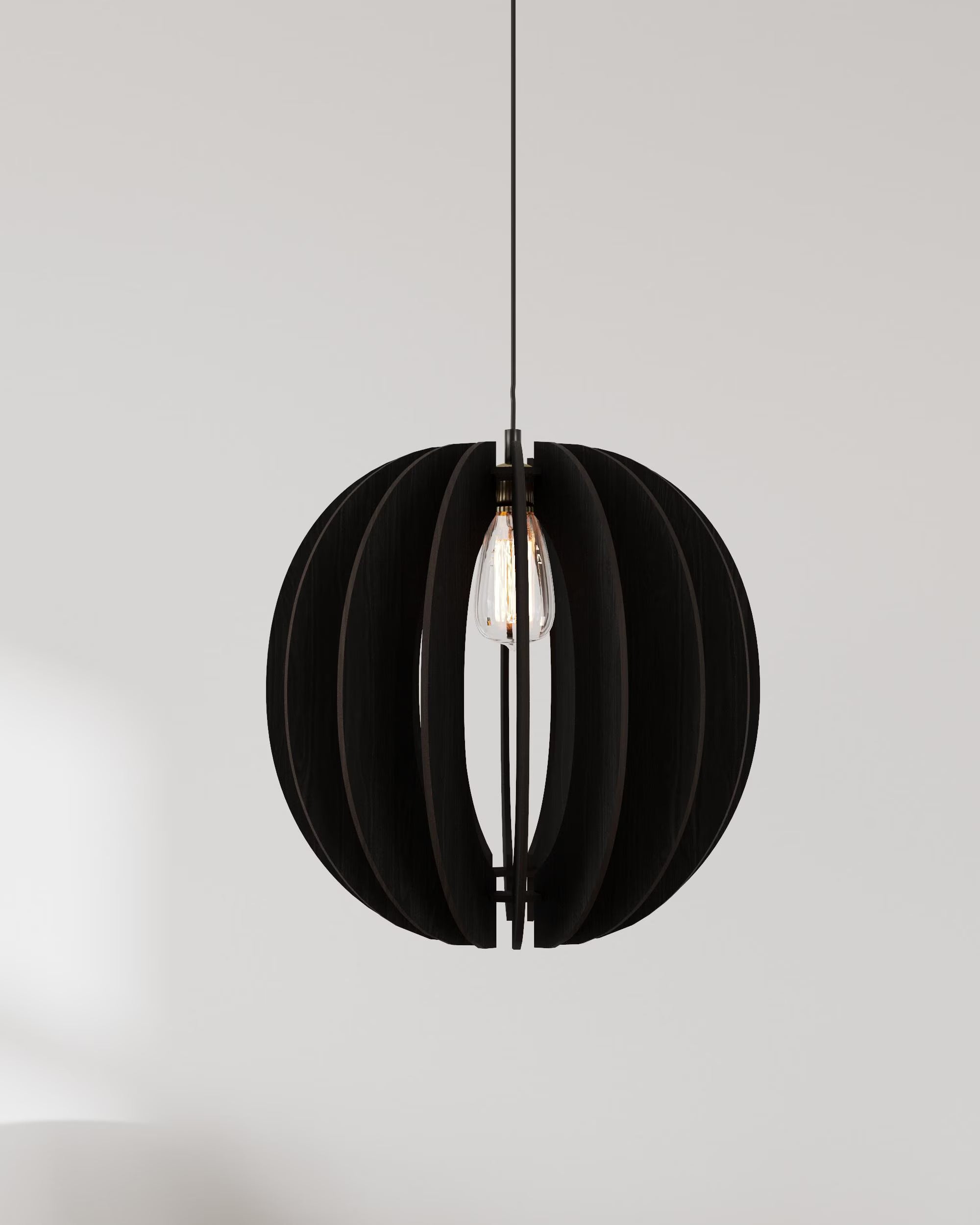 Set of 3 Wooden Pendant Lights - Small Spherical Hanging Ceiling Lamps