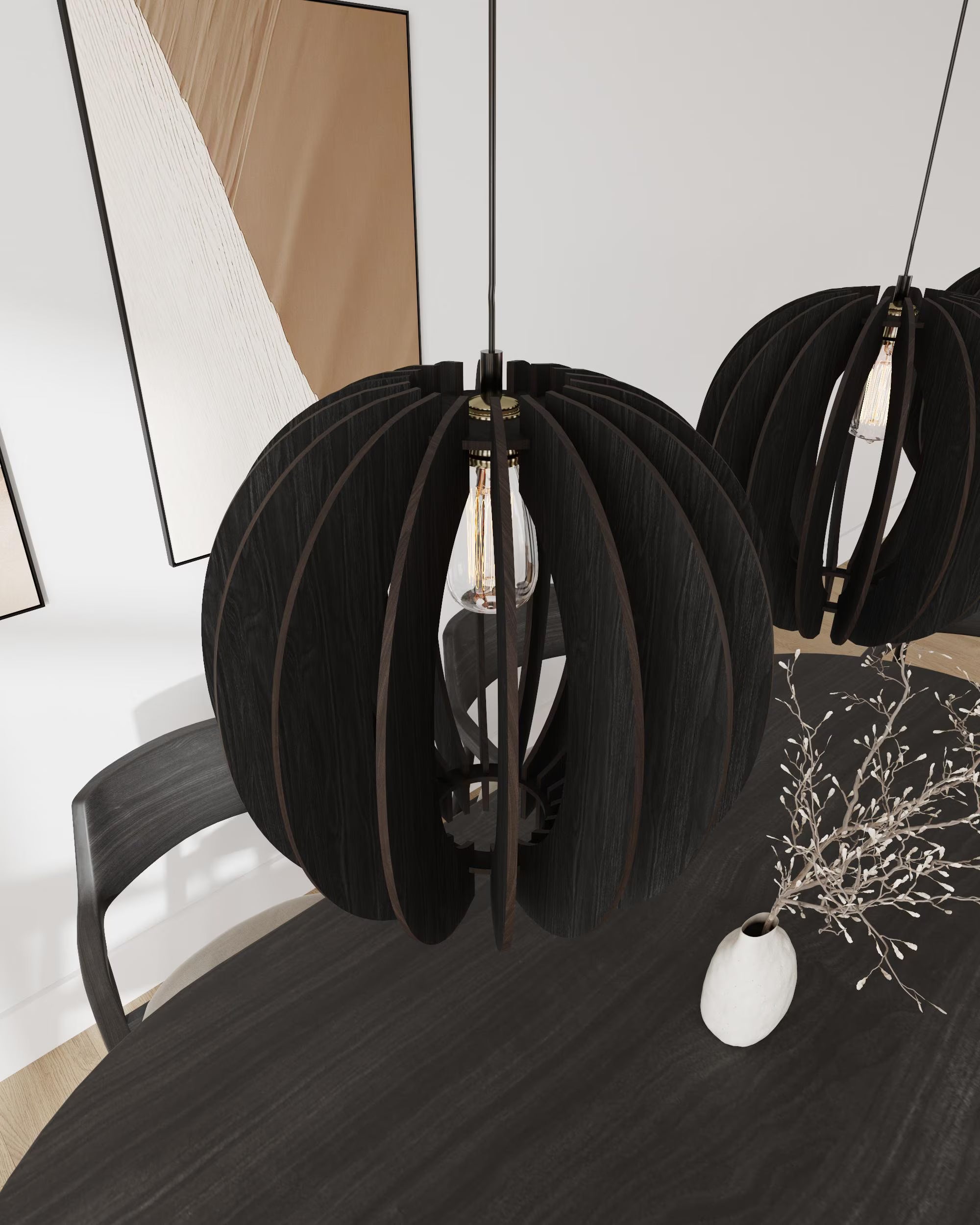 Set of 3 Wooden Pendant Lights - Small Spherical Hanging Ceiling Lamps