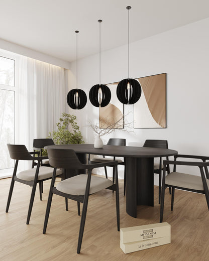 Set of 3 Wooden Pendant Lights - Small Spherical Hanging Ceiling Lamps