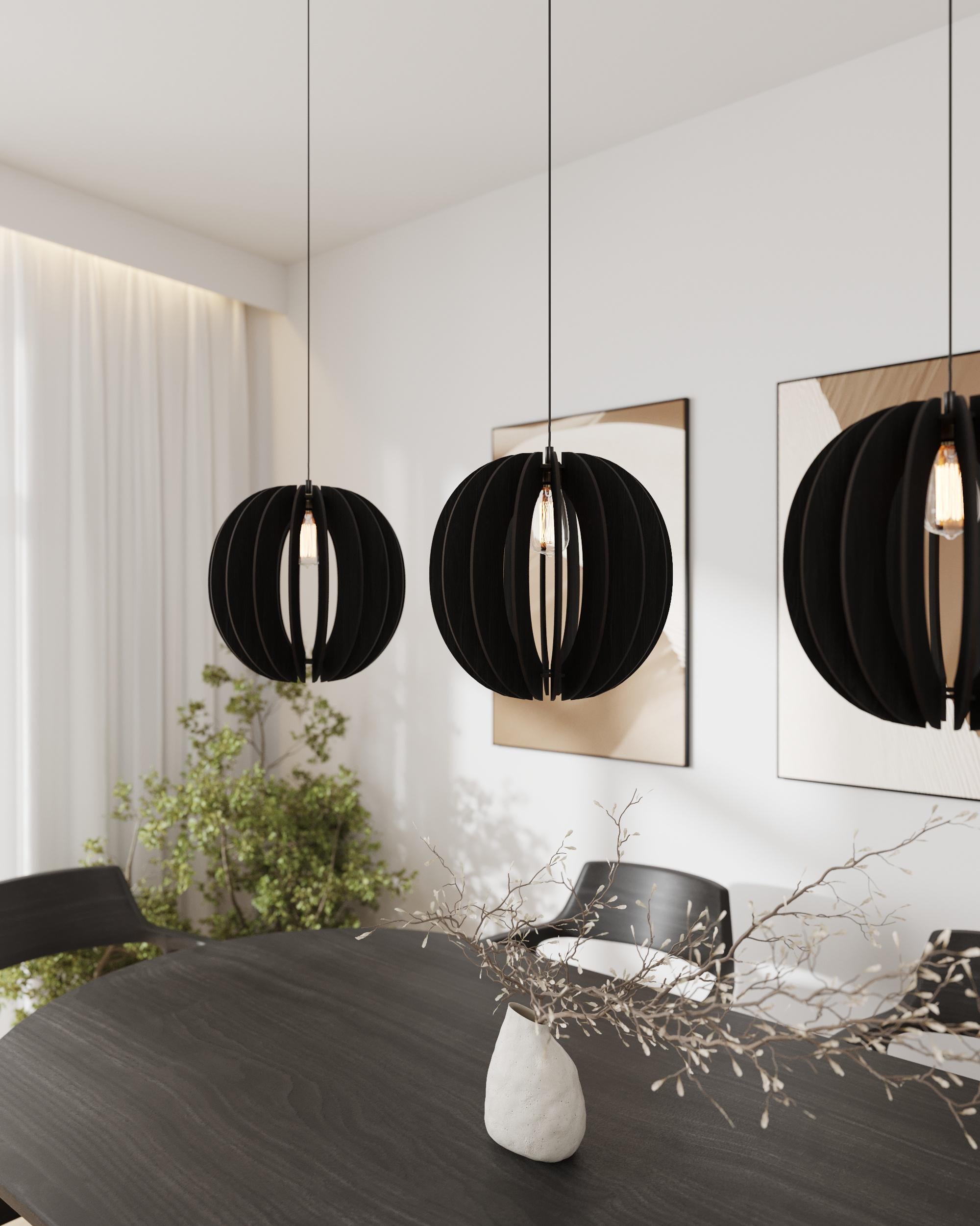 Set of 3 Wooden Pendant Lights - Small Spherical Hanging Ceiling Lamps