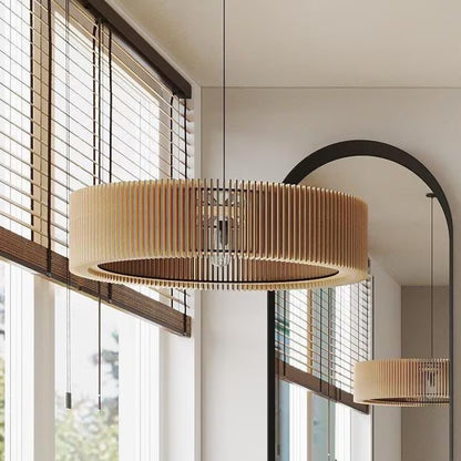 Round Wooden Pendant Light – Modern Slatted Ceiling Chandelier
