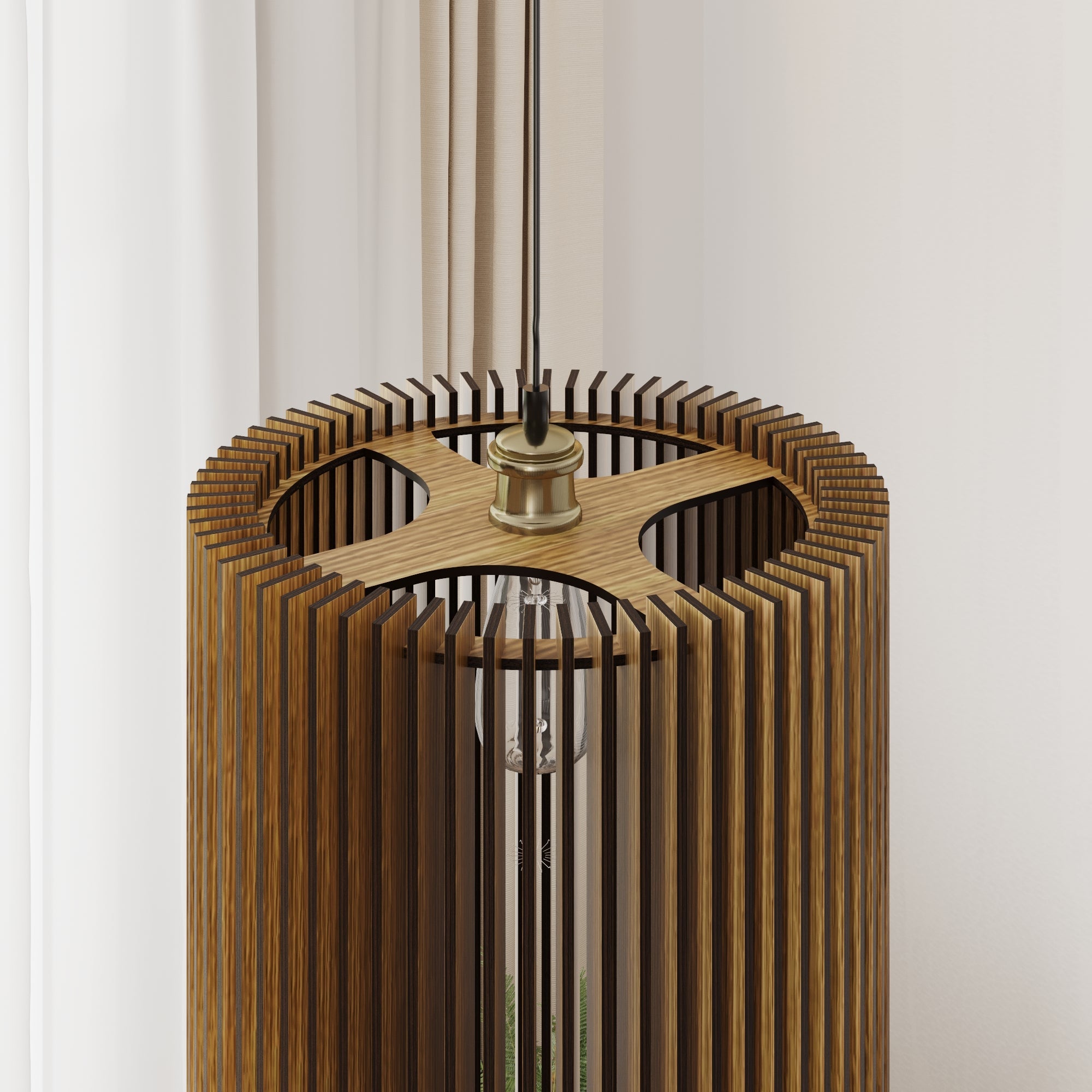 Architectural vertical rhythm achieved with a narrow timber chandelier complementing premium wood wall panelling.
