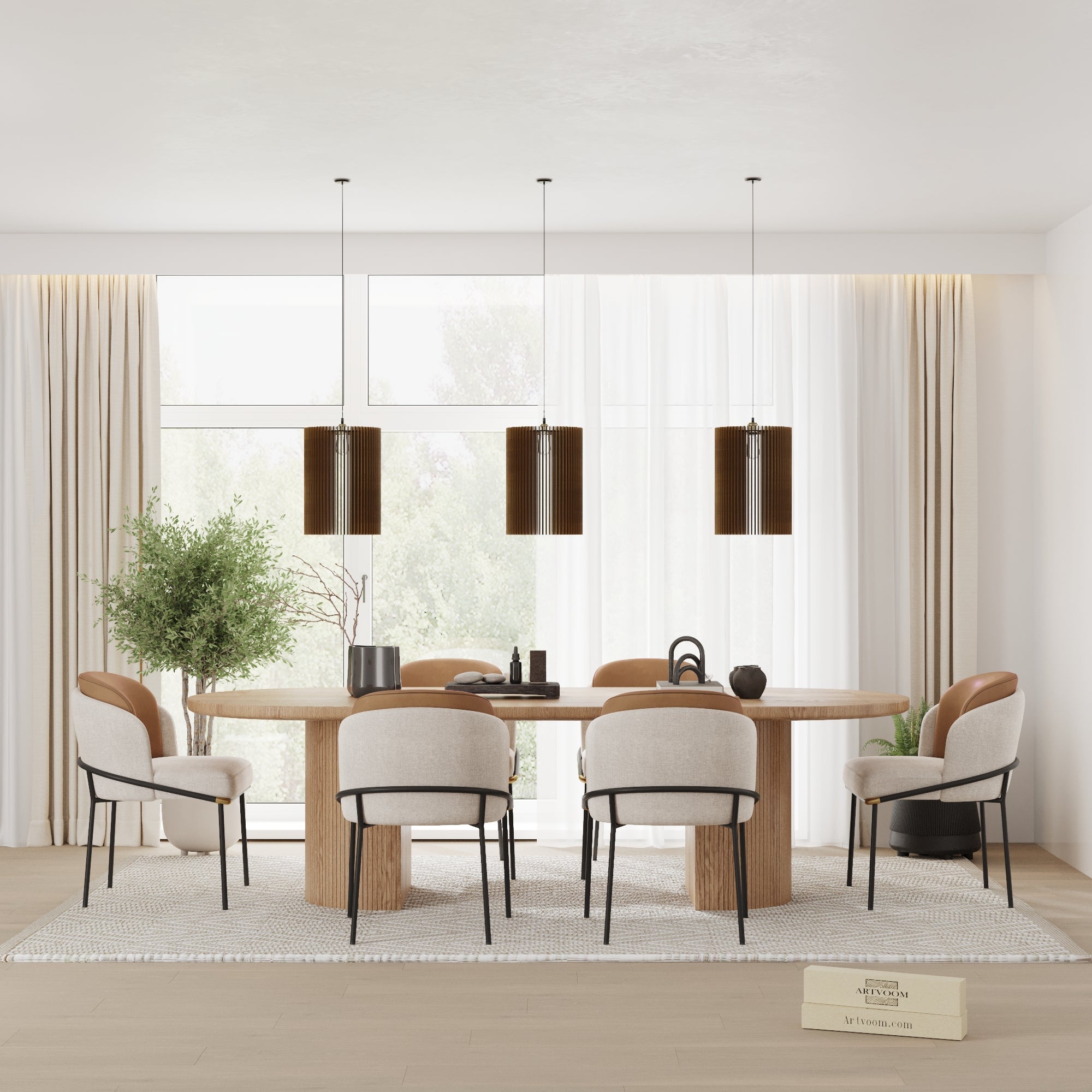 Sleek cylindrical wooden pendant light casting a cozy intimate glow over a minimalist corner.