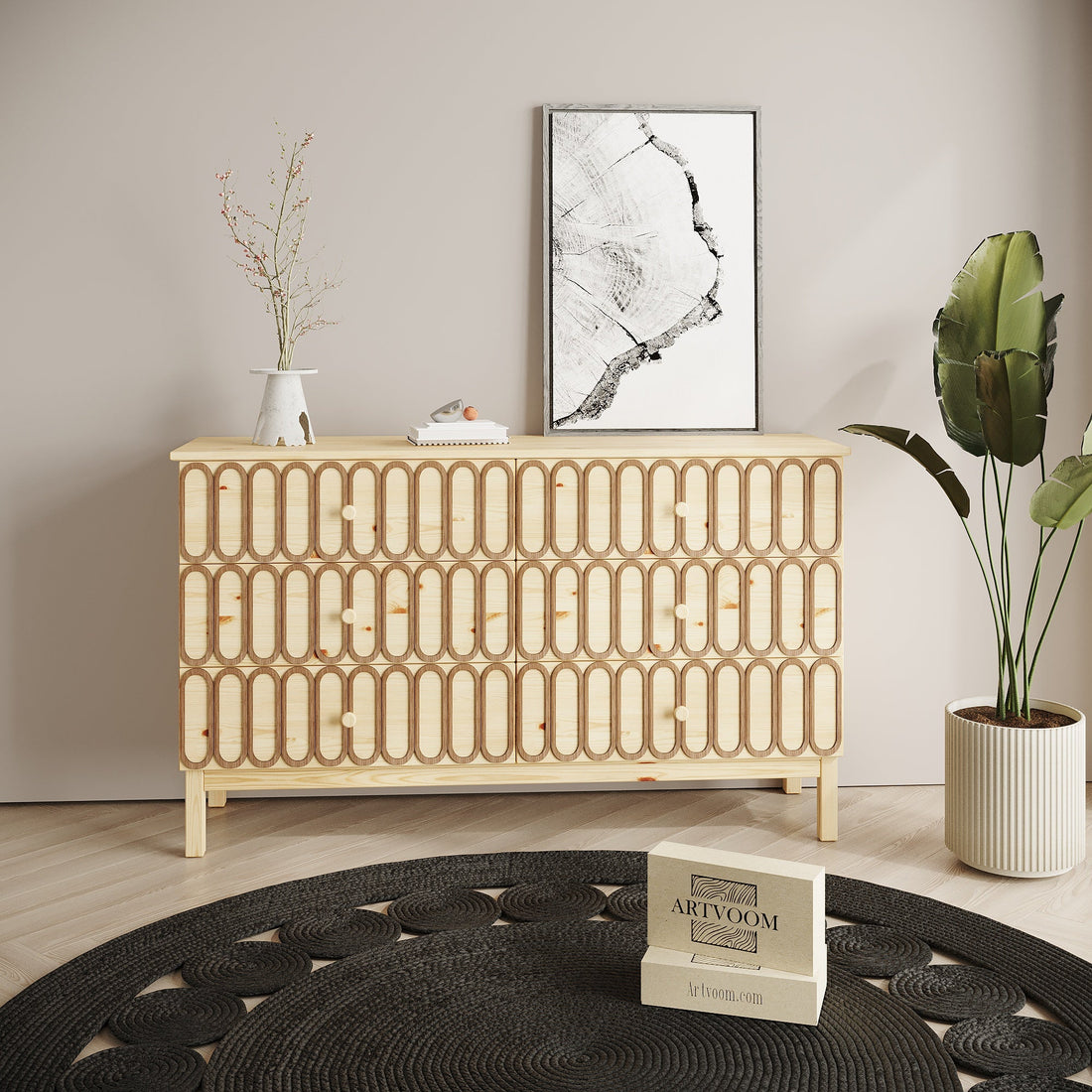 Detailed shot of a textured wood veneer front panel seamlessly attached to a solid pine drawer for a custom furniture look.
