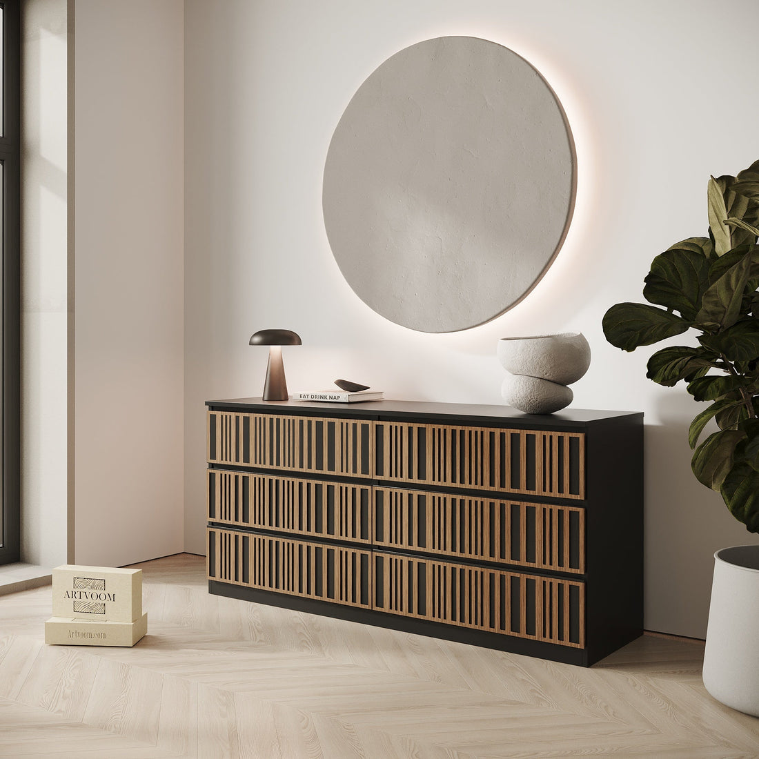 Detailed close-up of geometric wood veneer inserts applied onto handleless cabinet drawers, highlighting clean seamless craftsmanship.