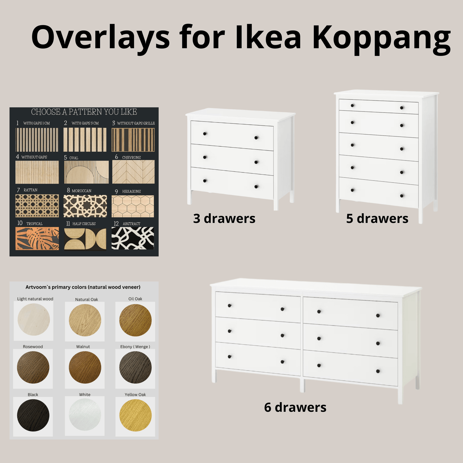 Overlay wooden panels for decorating ikea koppang dresser with