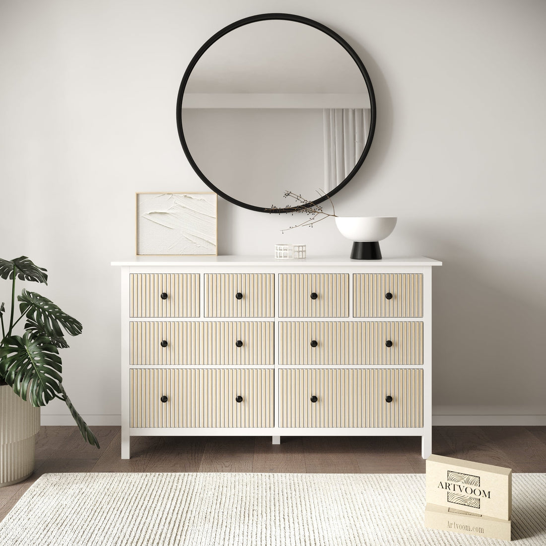 Decorative wooden overlay panels for IKEA Hemnes dresser customization, showing various drawer size options in a bedroom.
