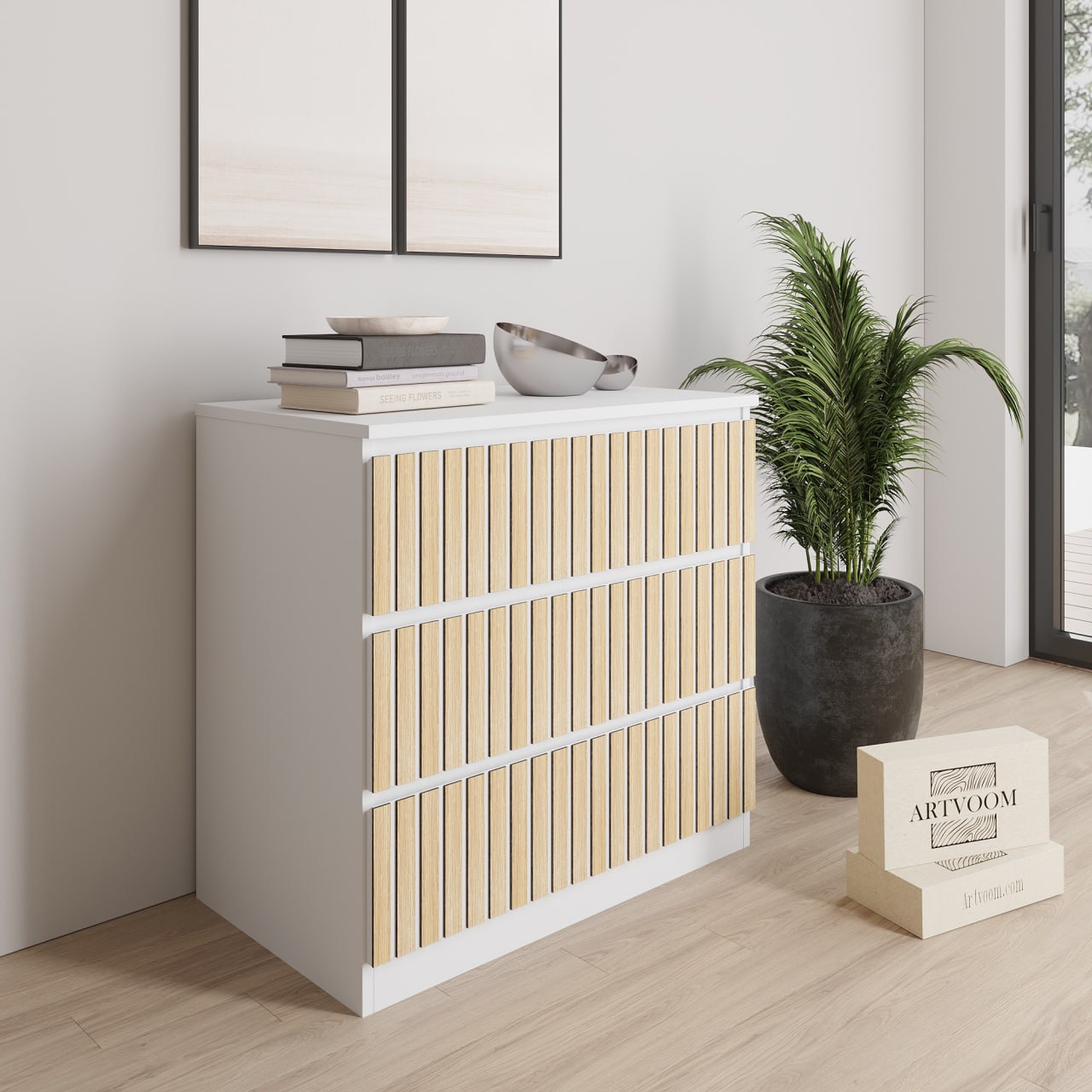 Overlay wooden slats panels for decorating ikea besta dresser with pattern