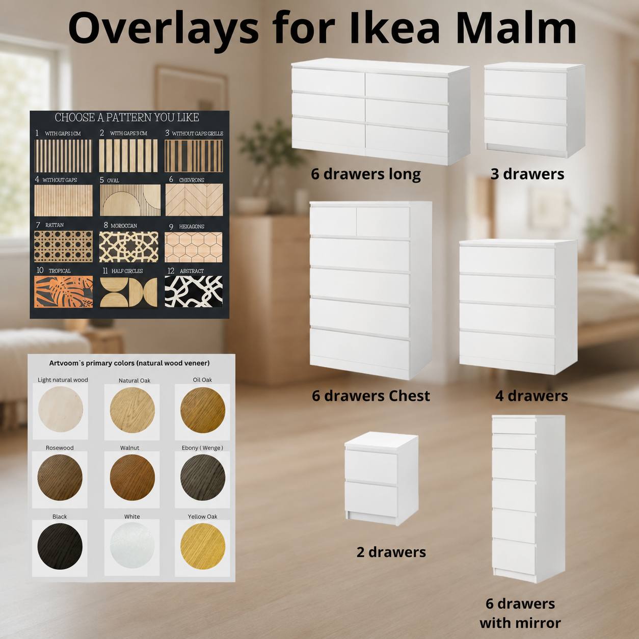 IKEA Malm Wooden Overlays – Oak Panels for Dresser Transformation 6 drawers long