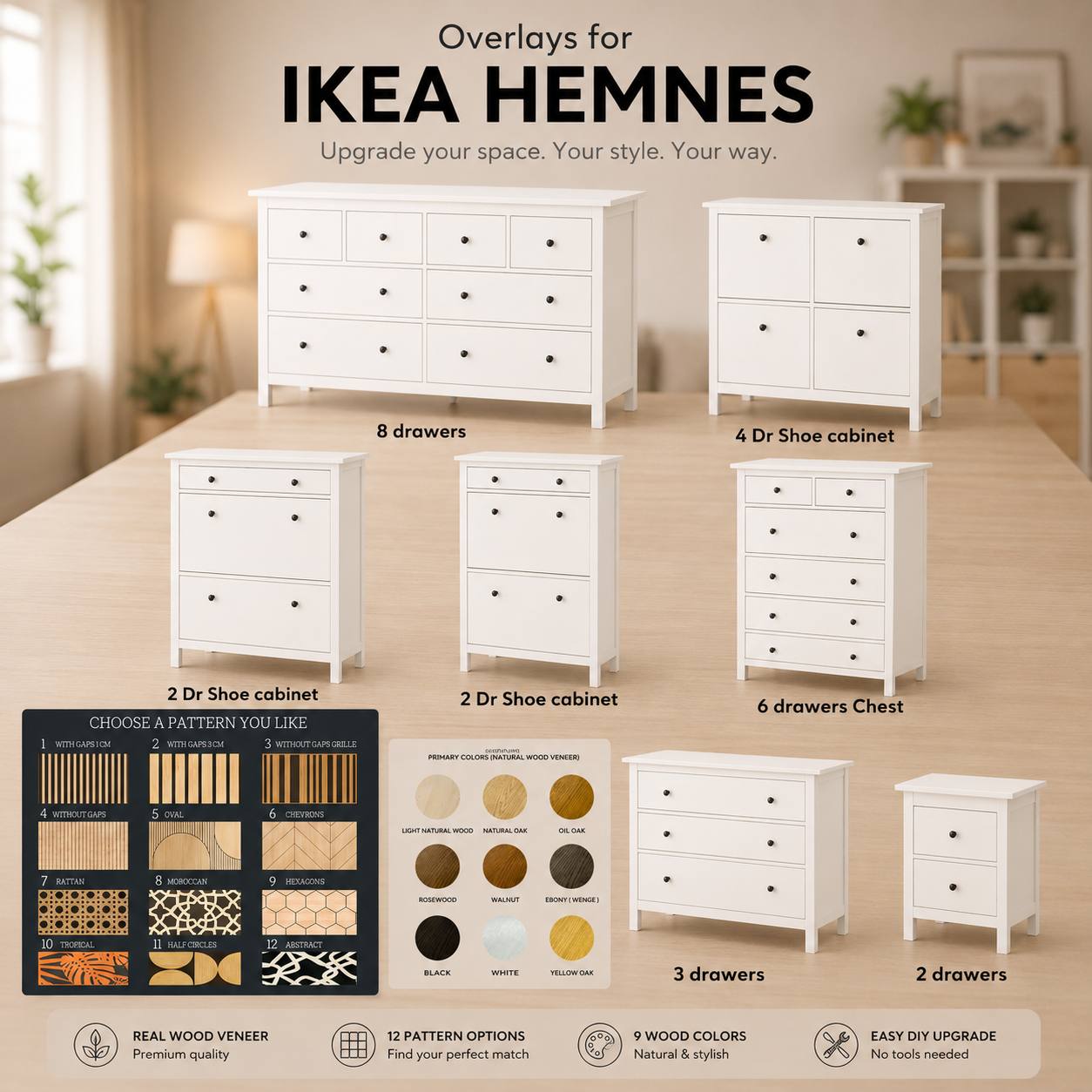 IKEA Hemnes Furniture Overlays – Natural Oak Panels for Custom Dresser Makeover