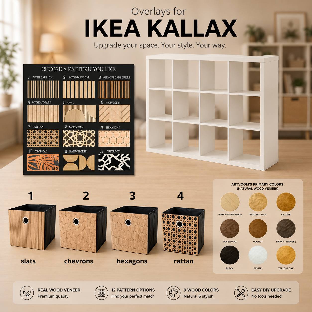 IKEA Kallax Aufbewahrungsbox – gemusterte Holzfront, vollständig veredelt – Artvoom