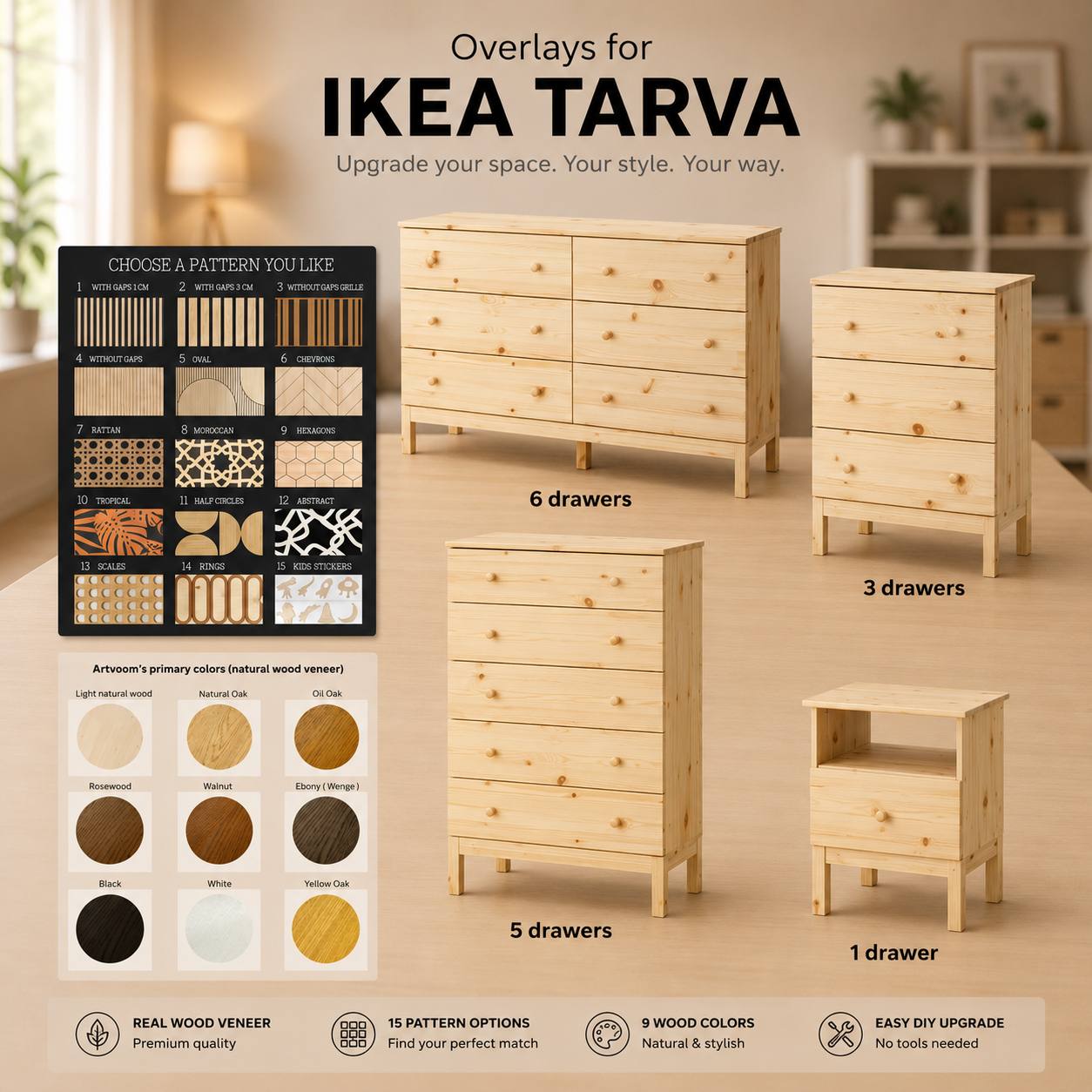 IKEA Tarva Schrank-Upgrade – Selbstklebende Holzapplikationen