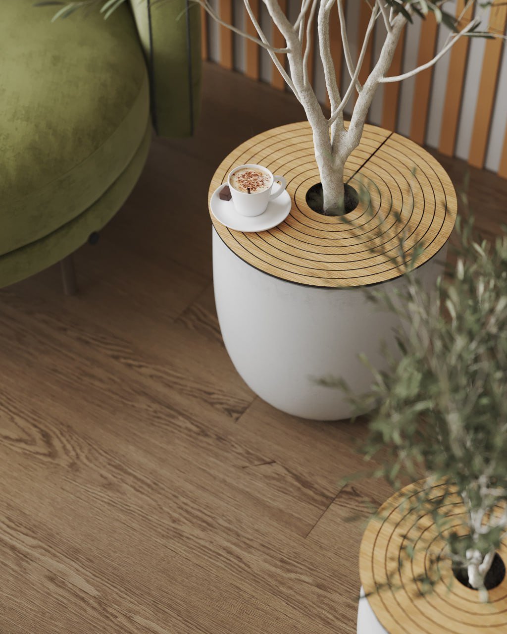 Sustainable product layout displaying a multi-unit set of real wood veneer planter inserts.