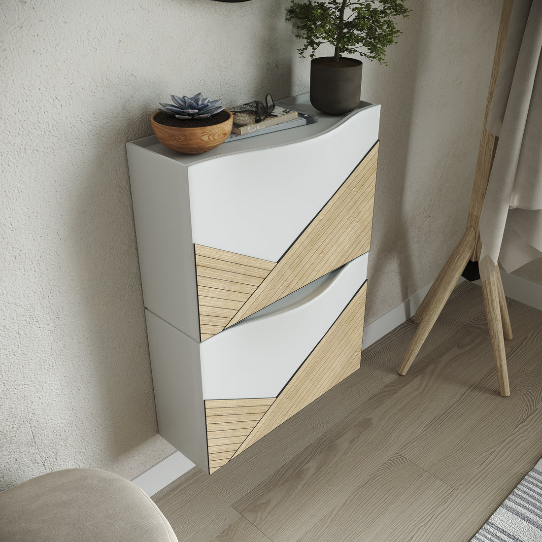 Simple peel-and-stick furniture modification guide showcasing secure adhesive application on a clean modern cabinet surface.