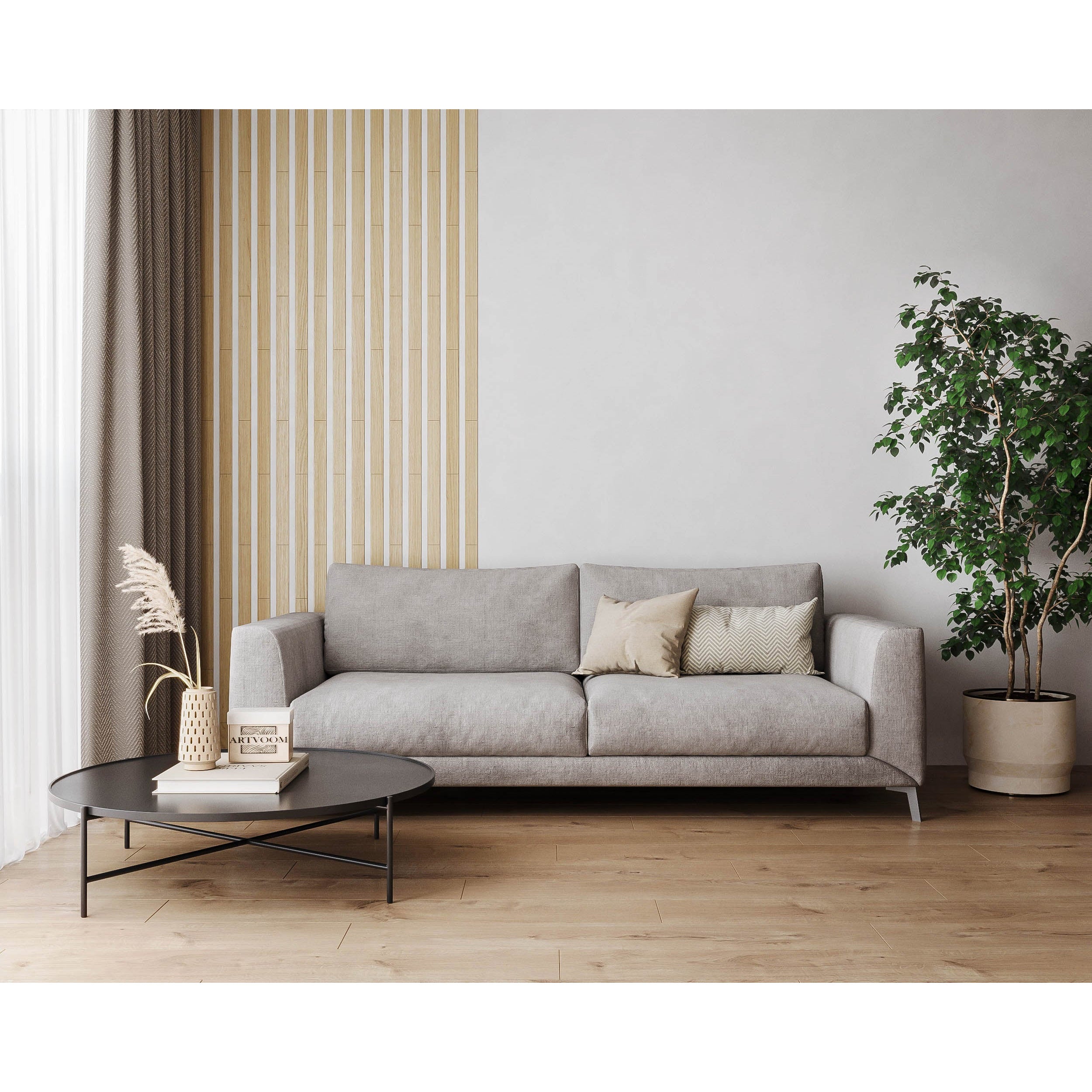 Linear wood wall art created with broad natural oak slats to add depth to the room layout.