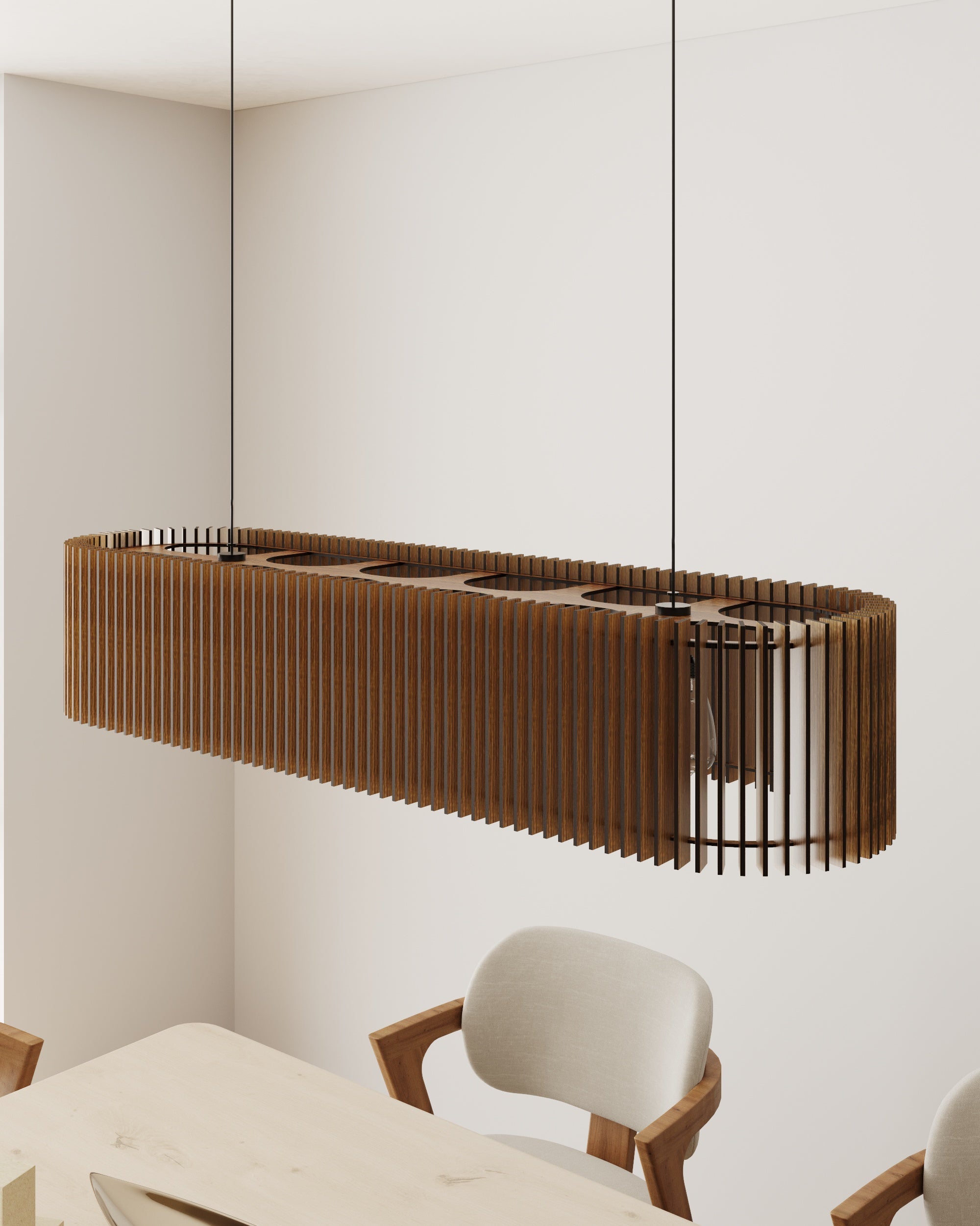 Elite architectural centerpiece featuring an elongated oval wood slatted chandelier anchoring an open-plan space.