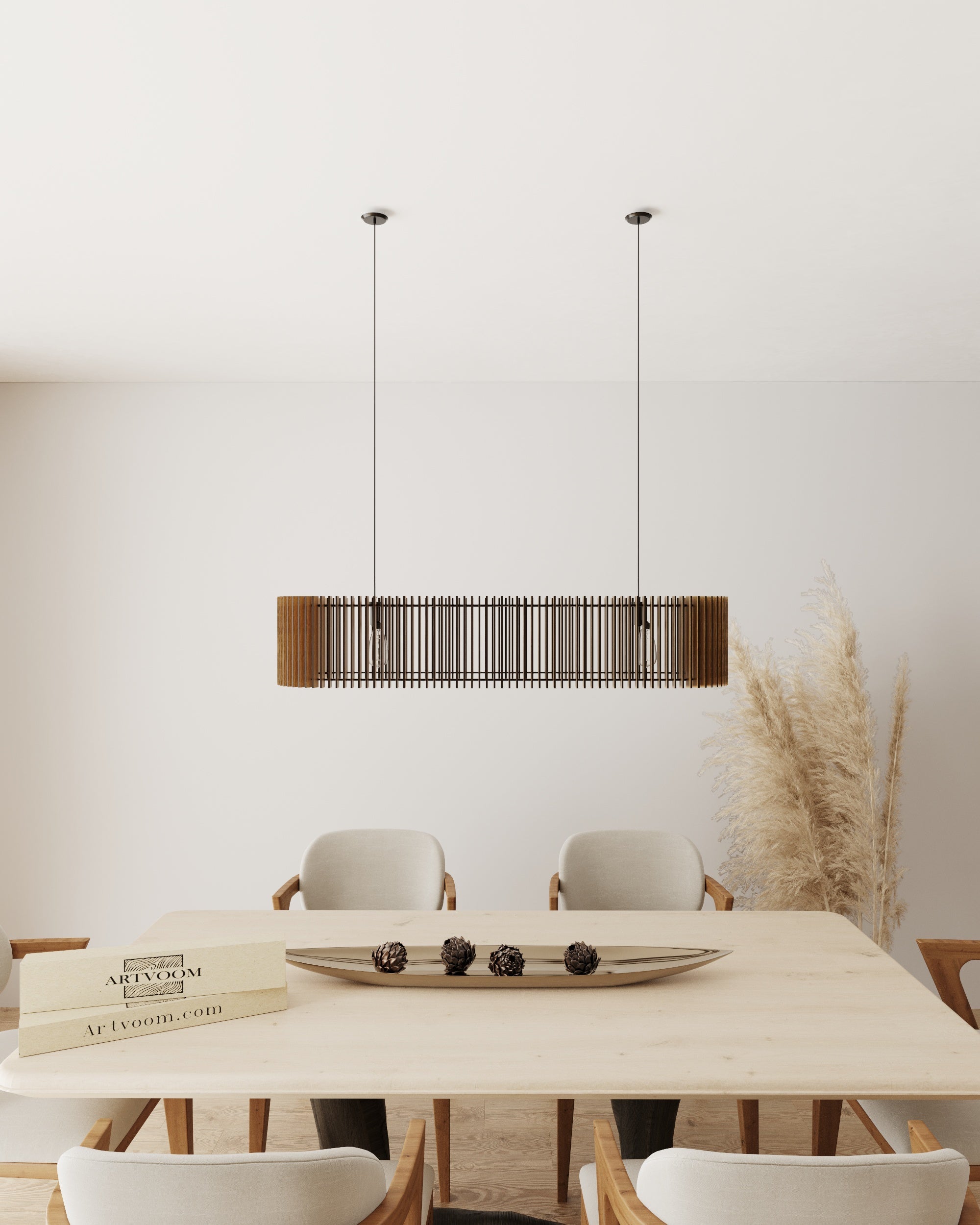 Flawless geometric symmetry of an extended oval timber chandelier stretching visual lines of the ceiling.