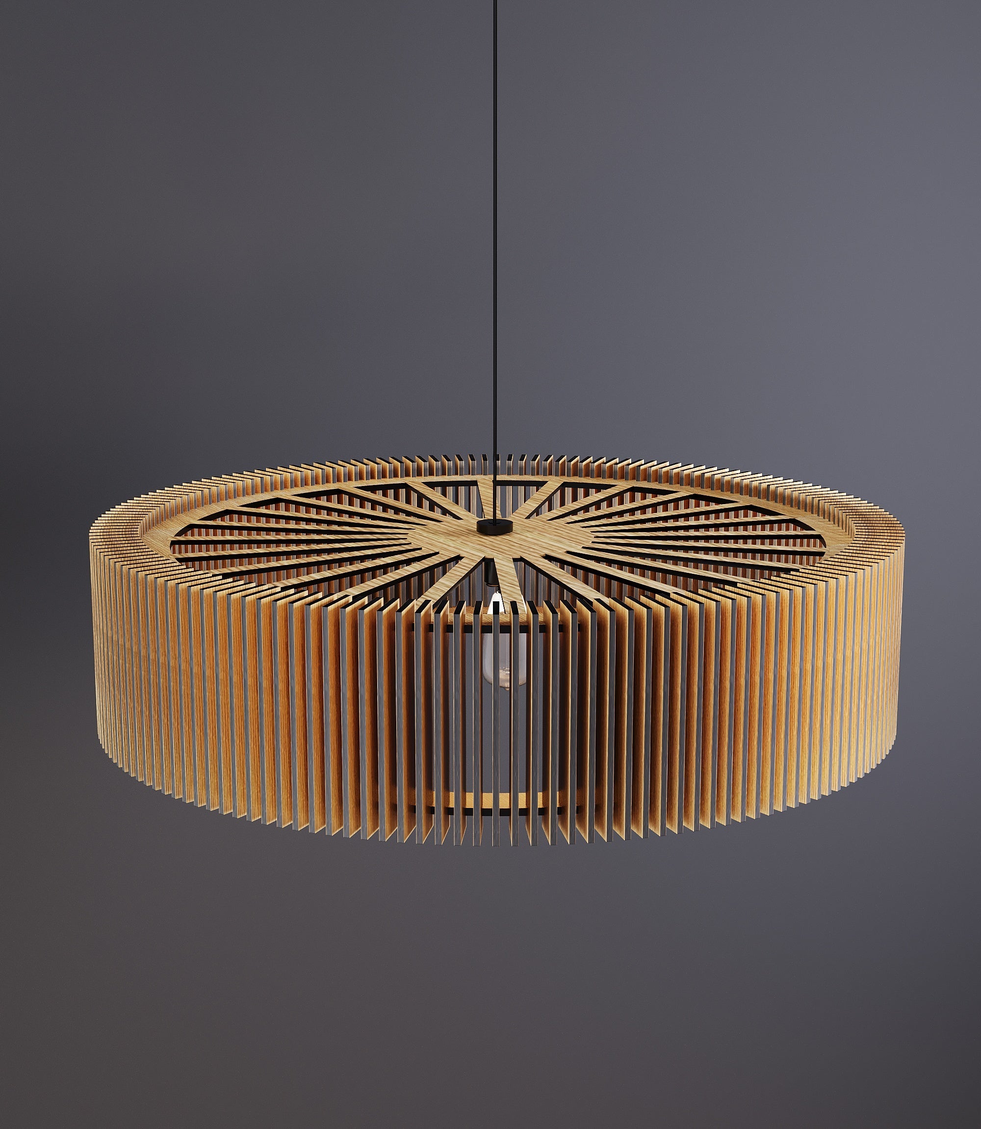 Captivating linear shadow play and warm ambient light effect projected by an illuminated wooden pendant lamp.