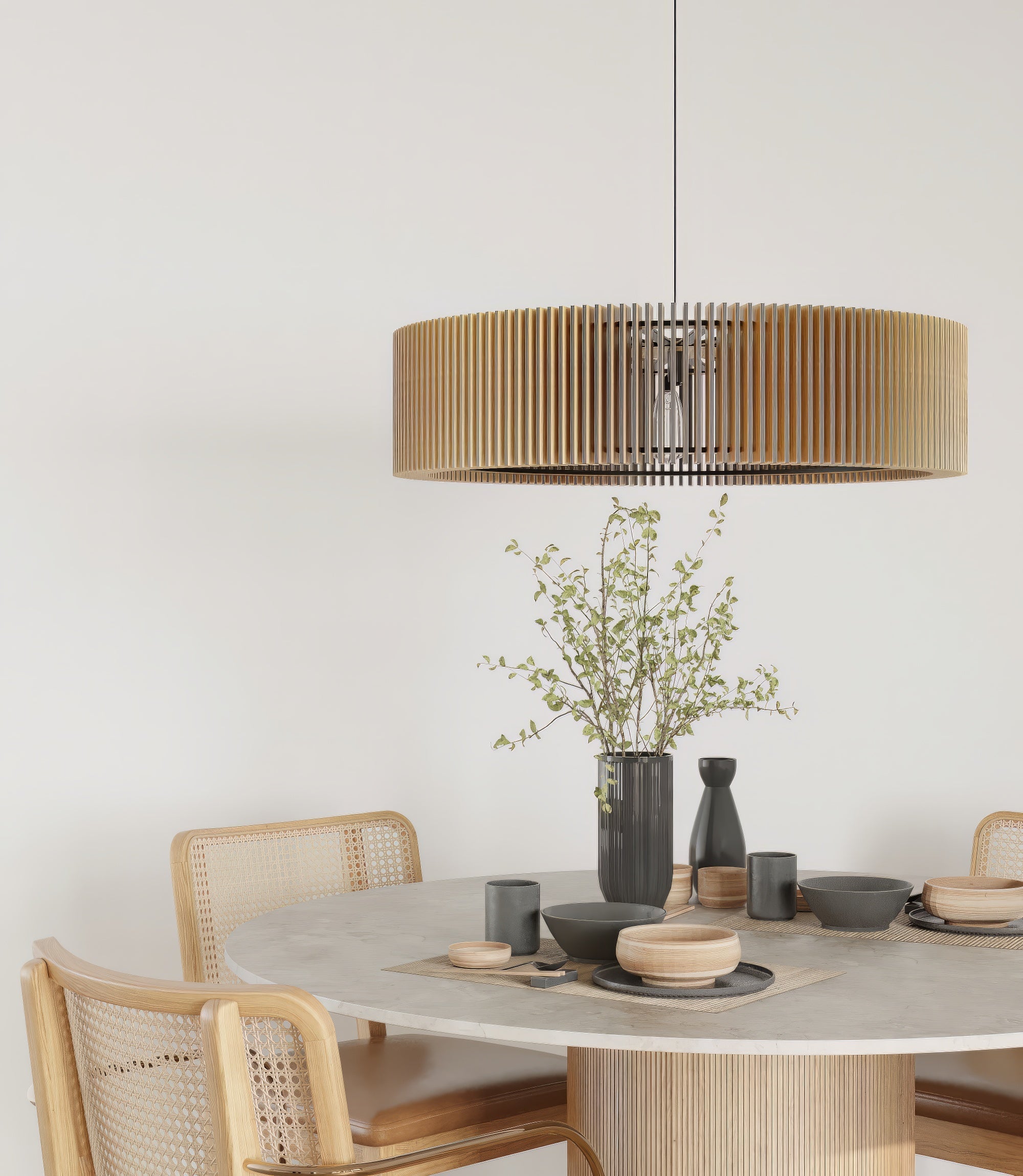 Modern interior design featuring a round slatted timber chandelier hanging as a central ceiling fixture.