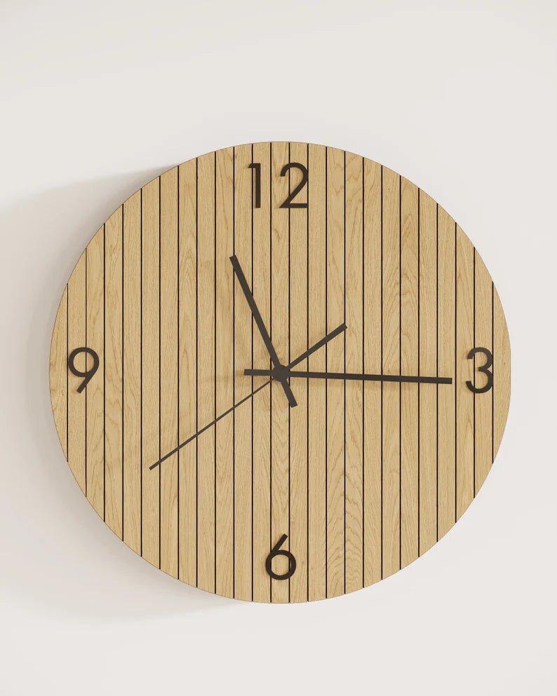 Striking 3D visual effect on a plain surface achieved with a premium linear timber timepiece.
