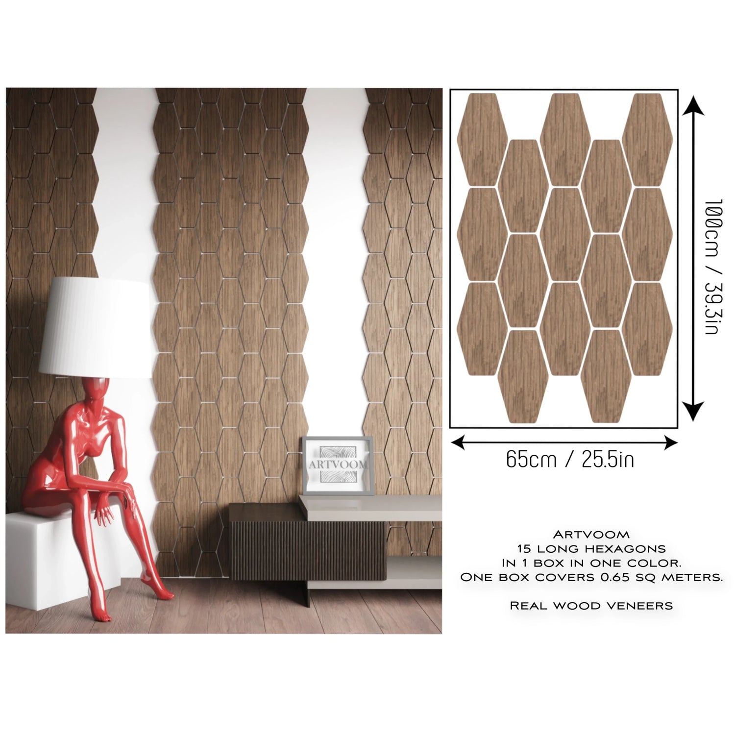 Long hexagons Walnut, Wooden Wall Panels, 15 pcs in box. Artvoom Wall Decor - Artvoom